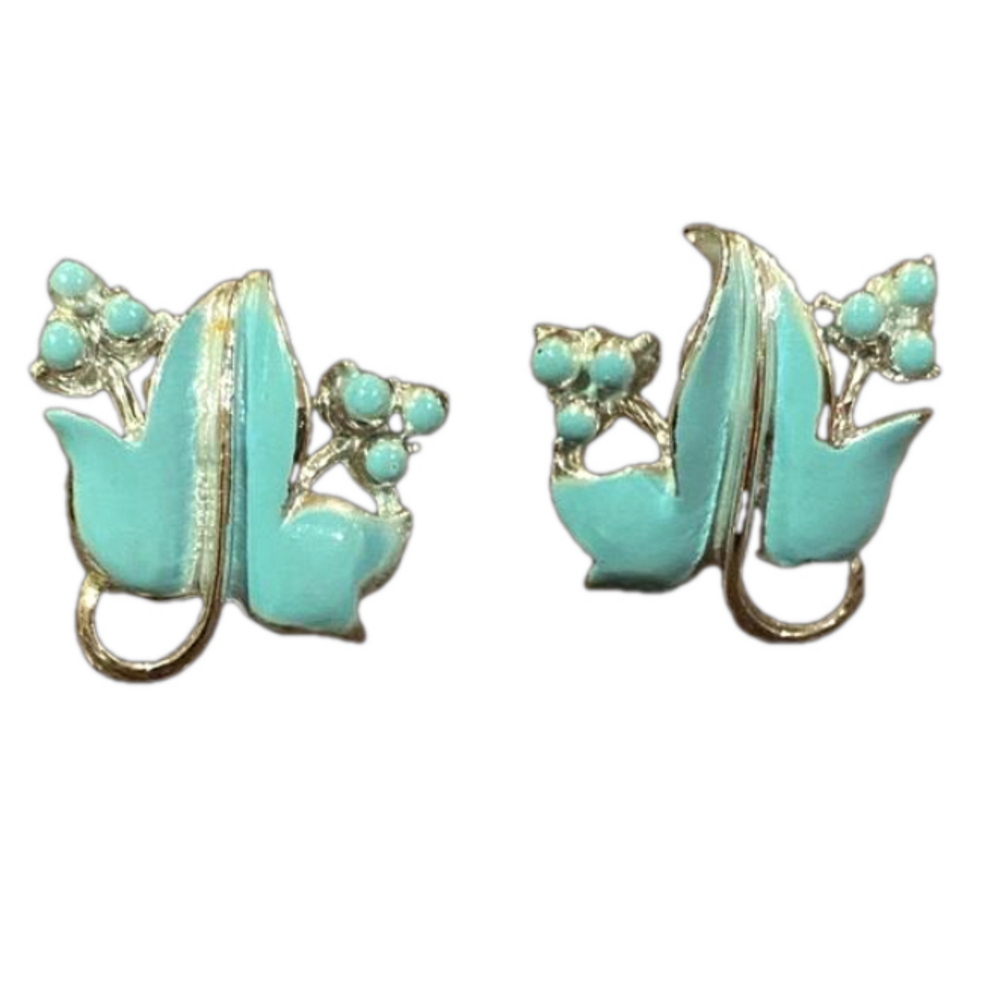 Vintage Coro Turquoise Blue Enamel Leaf Screw Back Earrings Mid Century